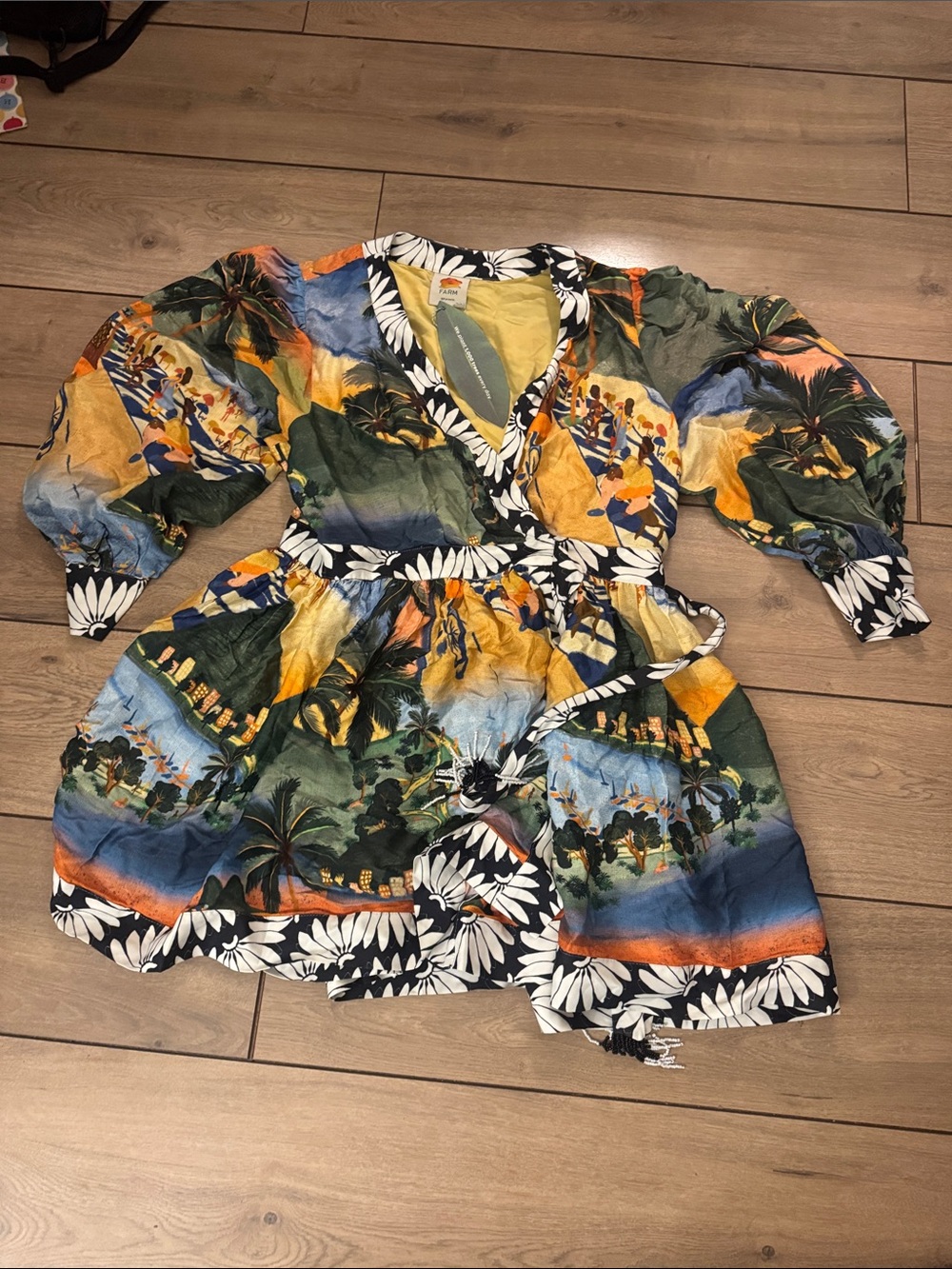 FARM Rio Multi-Color Tropical Wrap Dress with Puff Sleeves
